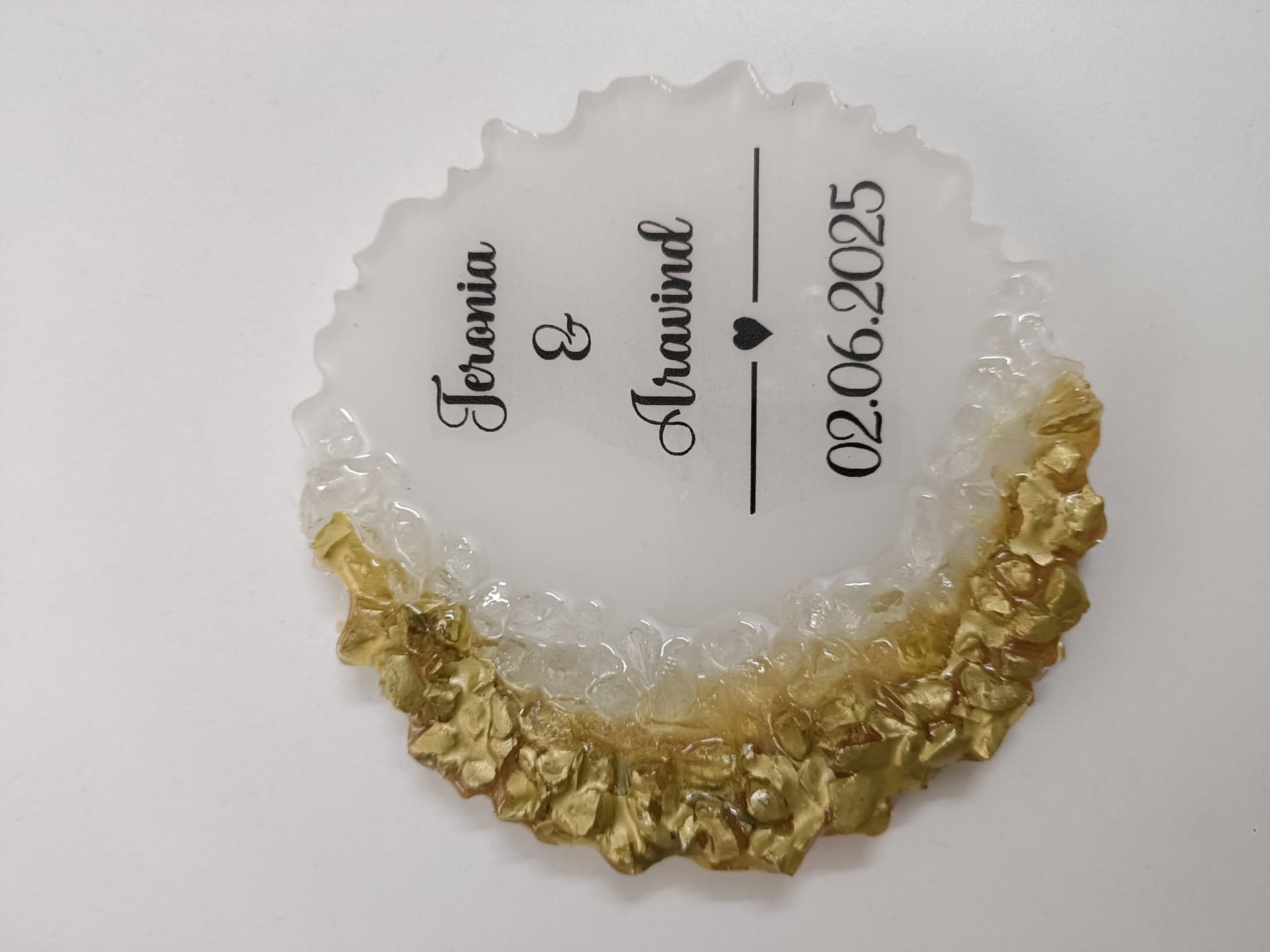 Resin magnet with couple names Jeronial and Aravind and wedding date